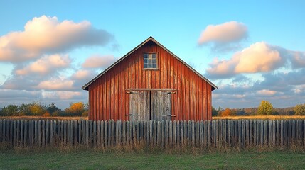 Obraz premium Rustic Red Barn with Wooden Fence under a Cloudy Blue Sky
