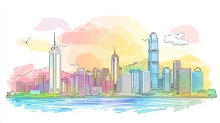 Watercolor sketch of Hong Kong skyline at sunrise. Possible use stock photo