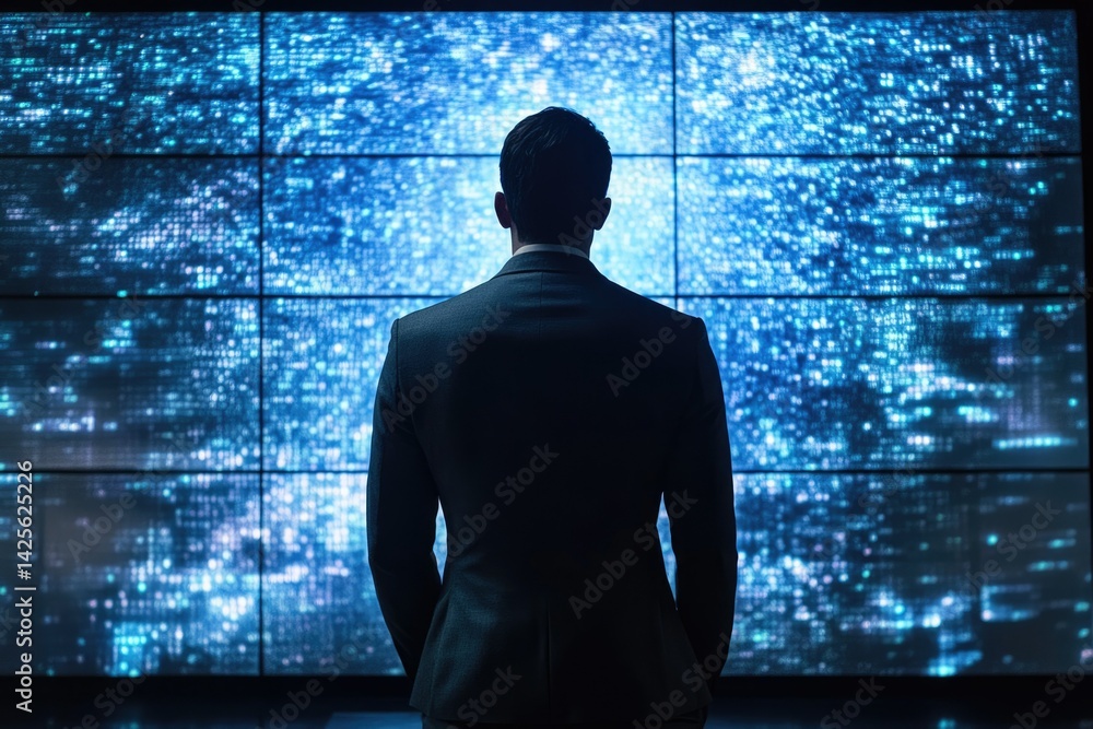 Poster A businessman stands before a large screen displaying a stream of digital data, contemplating complex information.