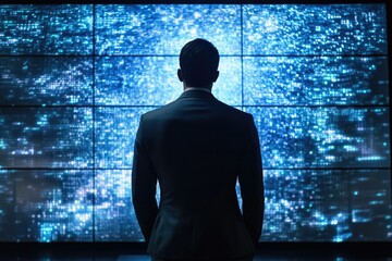 A businessman stands before a large screen displaying a stream of digital data, contemplating complex information.