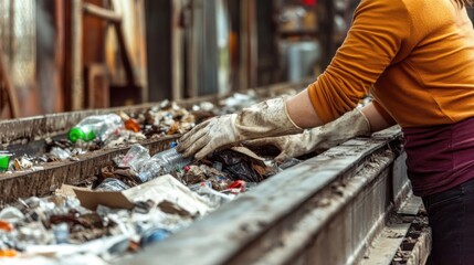 Waste sorting plant. Workers sort the garbage on the conveyor. Waste disposal and recycling.Many different conveyors and bunkers. 