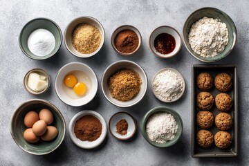 A baking process sequence from raw ingredients measured in bowls to finished cookies cooling on a tray