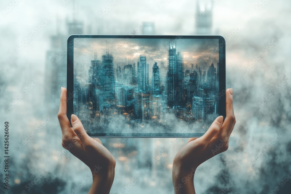 Poster a futuristic city skyline displayed on a tablet, viewed through a hazy atmosphere.
