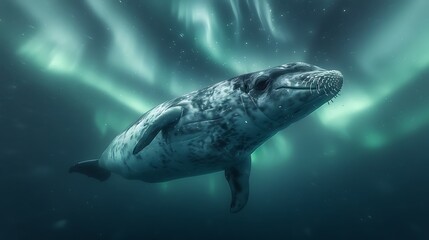 Narwhal Surfacing Beneath Frozen Waves Under Aurora Borealis, Horn Catching Glowing Sky, Mythical Ocean Magic