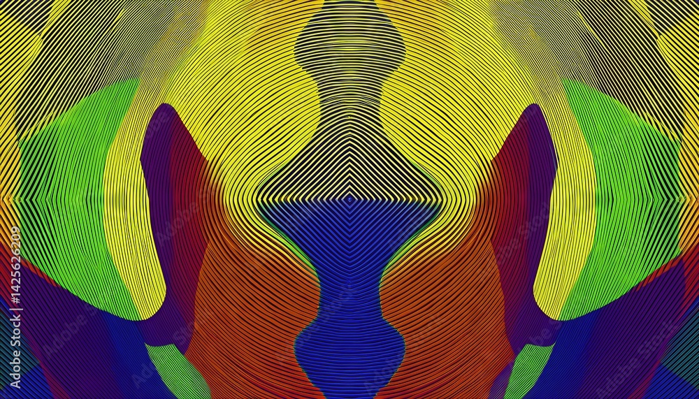 Poster dynamic geometric abstraction vertical lines meet waves in a vibrant optical illusion, transitioning