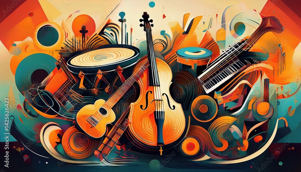 Poster vivid musical abstraction a kaleidoscope of colors and shapes, unveiling the spectrum of modern inst