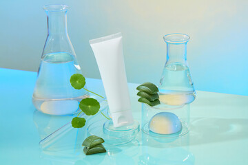 Cosmetic tubes placed on a circular glass pedestal, decorated with fresh Centella asiatica leaves and cut aloe vera. Measuring flasks containing clear liquids, placed next to laboratory objects.