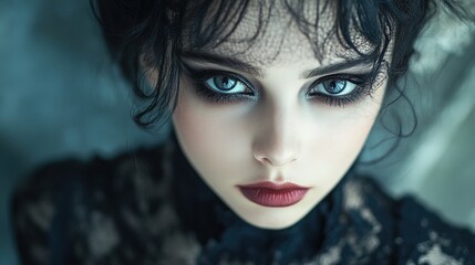Fototapeta premium A gothic high-fashion shoot featuring a dark lace dress and dramatic makeup 
