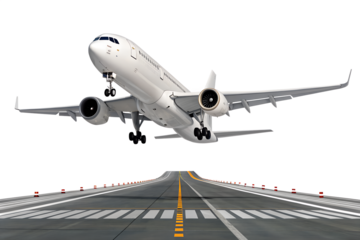 Realistic high-detailed white jet airliner taking off, isolated on a transparent background. Perfect for travel, aviation, airline services, global transportation, or business flight-themed visuals.
