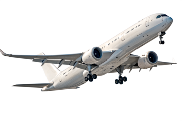 Realistic high-detailed white jet airliner taking off, isolated on a transparent background. Perfect for travel, aviation, airline services, global transportation, or business flight-themed visuals.
