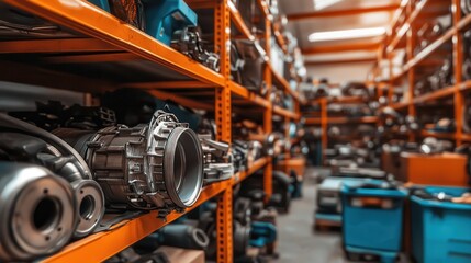 Fototapeta premium Industrial Storage Warehouse with Shelves Filled with Mechanical Parts and Equipment for Repair