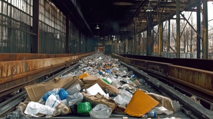 Waste sorting plant. Workers sort the garbage on the conveyor. Waste disposal and recycling.Many different conveyors and bunkers. 