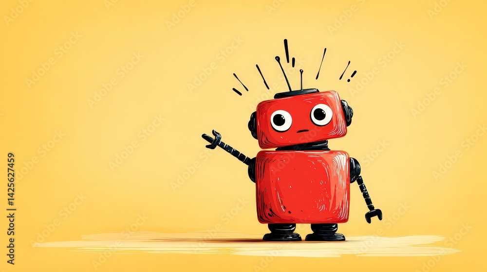 Poster cute red robot character with issues ai chatbot mascot troubleshooting problem solving