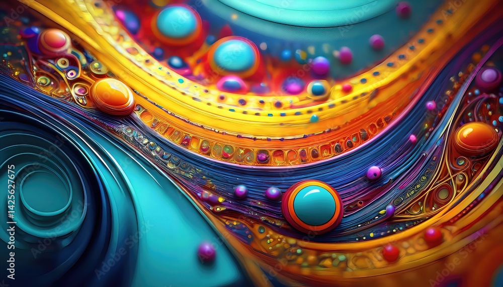 Poster abstract art macro at vibrant geometric forms in a fractal universe, showcasing intricate patterns a