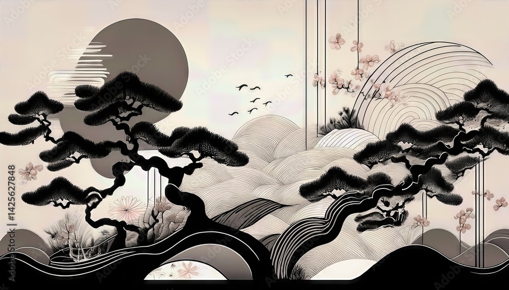 Poster monochromatic japandi style abstraction striking blackandwhite geometric patterns combining eastern 