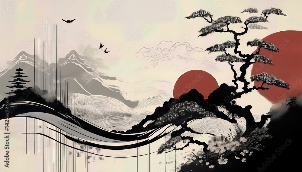 Poster striking monochromatic japandi abstraction a fusion of east and west, emphasizing textured minimalis