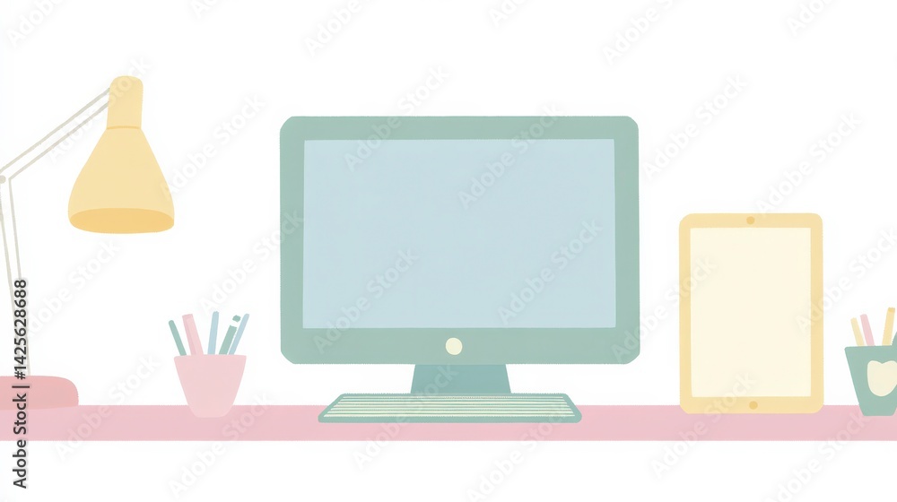 Aufkleber pastel workspace with computer and tablet design