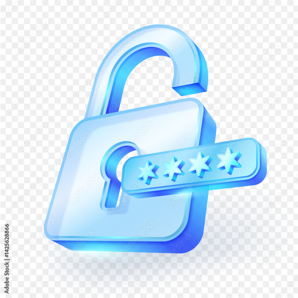 Poster 3d vector illustration of an open and closed glass padlock with a password field. symbol of access, 