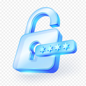 3D vector illustration of an open and closed glass padlock with a password field. Symbol of access, data protection, and cybersecurity. Transparent background for UI, UX or digital security design.