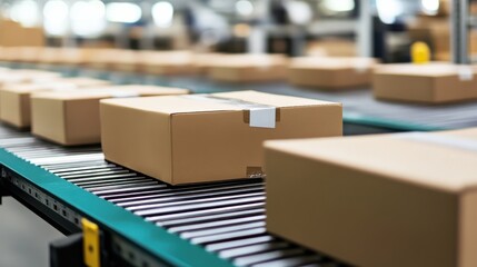 Brown cardboard boxes on conveyor belt in modern warehouse during packaging and shipping process