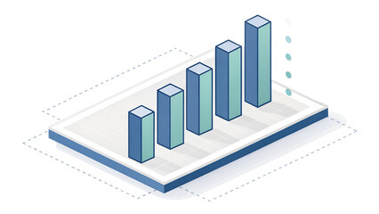 Isometric 3D financial chart with rising bars, isolated on transparent background, minimal style