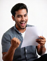 Asian man around 25 years old, expressing great joy and excitement as he looks at a piece of paper