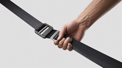 A close-up photorealistic image of a human hand fastening a car seatbelt with precision and clarity on a pure white background