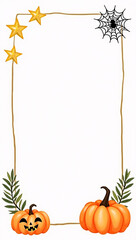 Obraz premium Cute and simple Halloween frame in watercolor with gold stars, tiny pumpkins, and thin spider webs on white