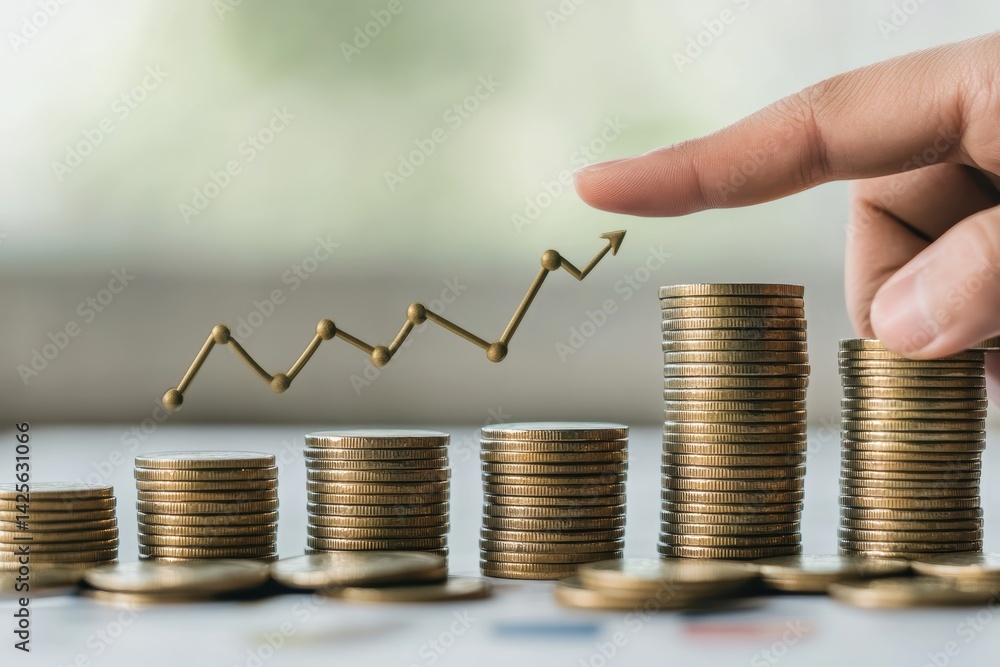 Poster understanding financial growth through guiding graphs and coin stacks at a study desk