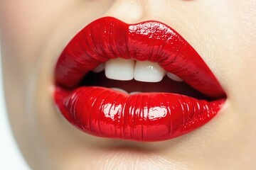 Obraz premium Close-up vibrant red lipstick, pristine white backdrop, close-up, red