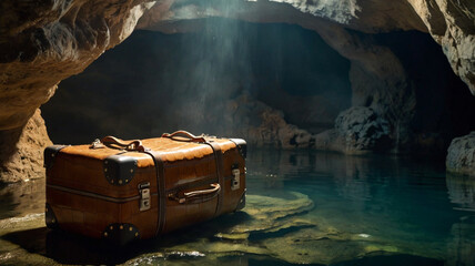 Weathered, vintage-style set of luggage, adorned with rusted hardware and worn, golden buckles, crafted from the rich, dark brown skin of an alligator, complete with visible scales and texture.