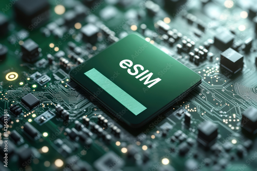 Poster exploring modern technology with a close-up of an esim chip on a circuit board design