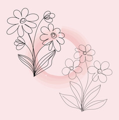 Elegant Line Art Flower Drawings on Pink Watercolor Background