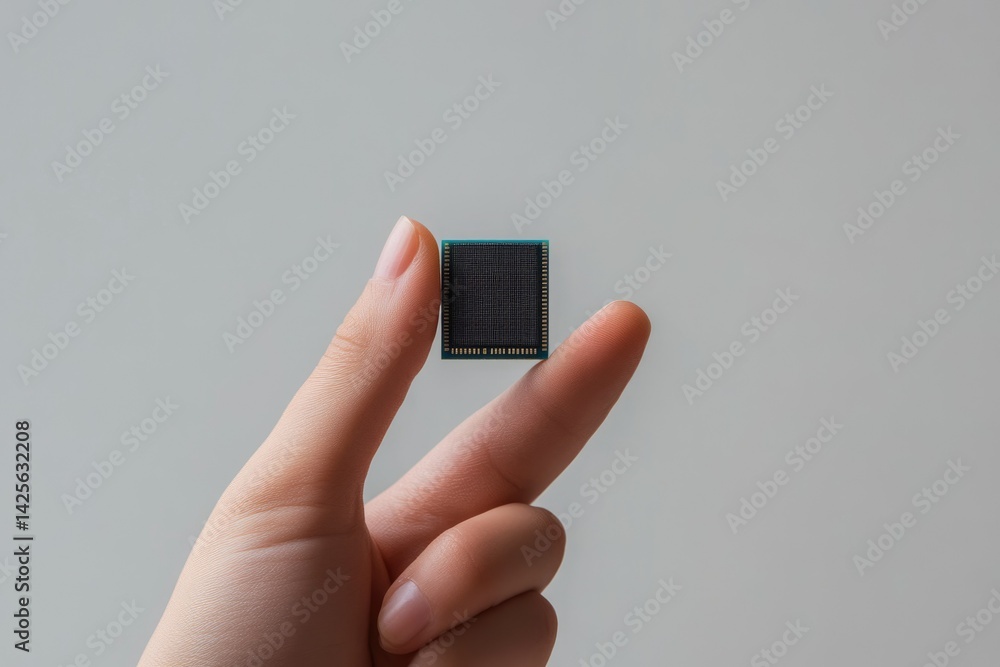 Poster a hand holds a small, square, black integrated circuit, showcasing its miniature size and technologi