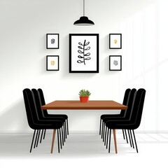Minimalist Modern Dining Room   Wooden Table  Black Chairs  Wall Art  Plant