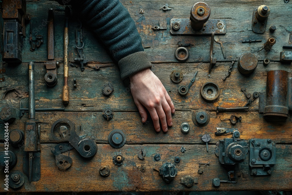 Poster a hand rests on a rustic wooden table scattered with vintage mechanical parts and tools.