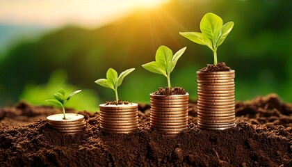 economic growth is symbolized by coins and leaf buds on the coins