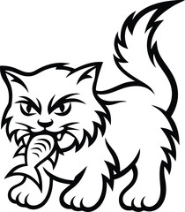 Cat eating a fish Stylish silhouette vector illustration, cat eating a fish isolated line art vector icon design
