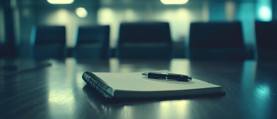 Notepad and pen on a table in a meeting room with chairs.