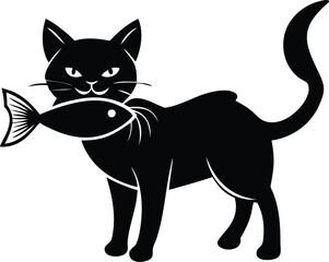 Cat eating a fish Stylish silhouette vector illustration, cat eating a fish isolated line art vector icon design