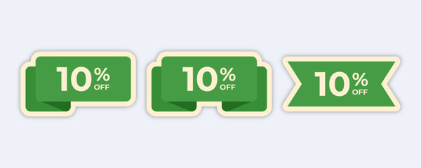 Three green 10 off sale banners.