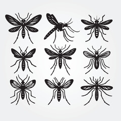 Set of Nine mosquito silhouette on a white background vector illustration.