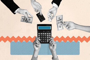 Sketch full zine artwork collage of hands hold calculator tool count ebank dollar banknotes income...