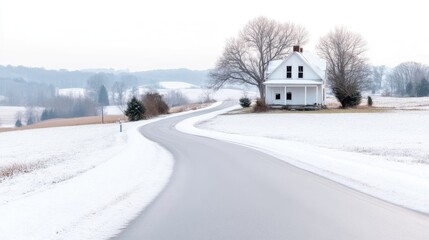 Snowy winter road leading to a white farmhouse