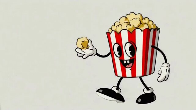 retro cartoon character in popcorn bucket dancing video