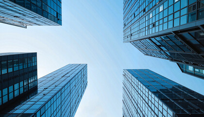 Fototapeta premium Modern skyscrapers viewed from below against a clear sky 