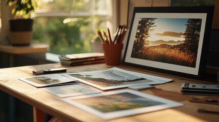 Building a photography portfolio, organizing printed photos on a workspace, showcasing versatility