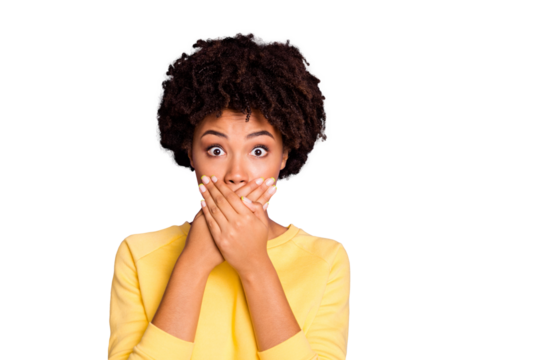 Close-up view portrait of her she nice attractive charming lovely funny wavy-haired girl closing covering mouth mute hush shush isolated over violet purple lilac pastel color background