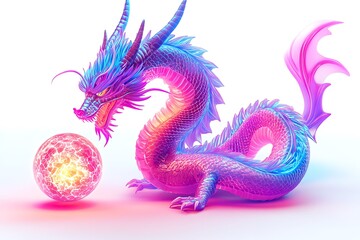 Obraz premium 3D Neon Dragon Coiling Around a Glowing Orb