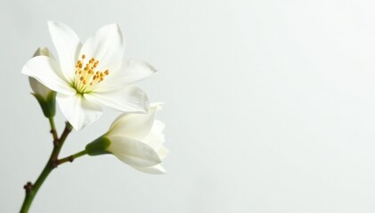 Fototapeta premium Delicate white flower blossom on pure white backdrop, peaceful, fresh, minimalist
